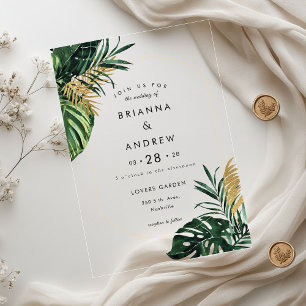 Elegante, groene palm, gouden (imitatie) rand acryl uitnodigingen