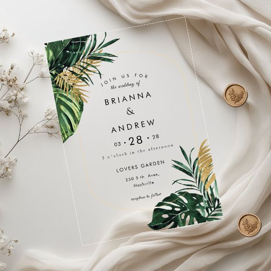 Elegante, groene palm, gouden (imitatie) rand acryl uitnodigingen