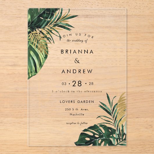 Elegante, groene palm, gouden (imitatie) rand acryl uitnodigingen (Voorkant)
