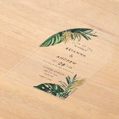 Elegante, groene palm, gouden (imitatie) rand acryl uitnodigingen (Laagn)