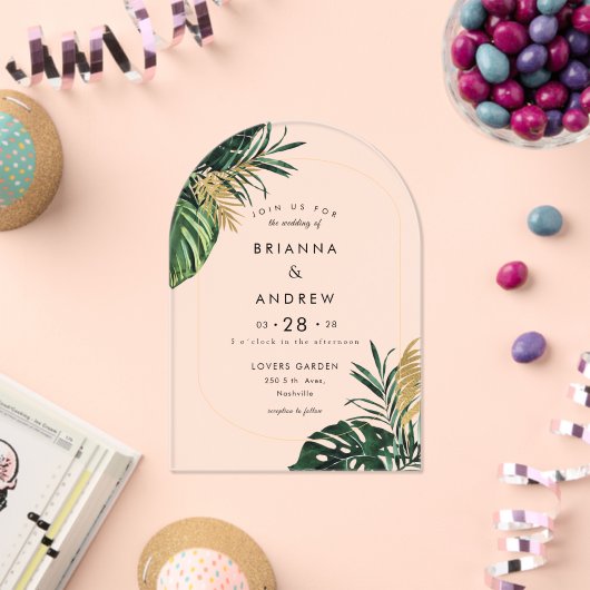 Elegante, groene palm, gouden (imitatie) rand acryl uitnodigingen (Insitu (Viering))