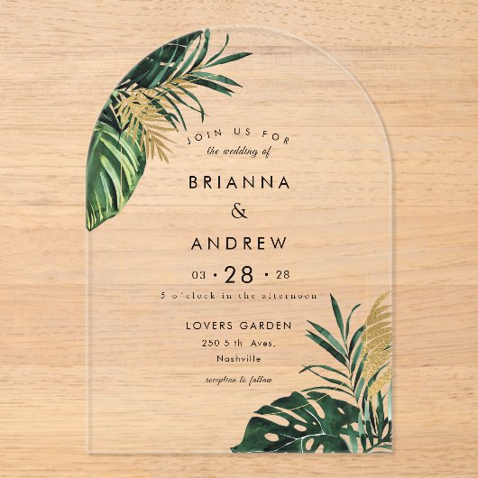 Elegante, groene palm, gouden (imitatie) rand acryl uitnodigingen (Voorkant)