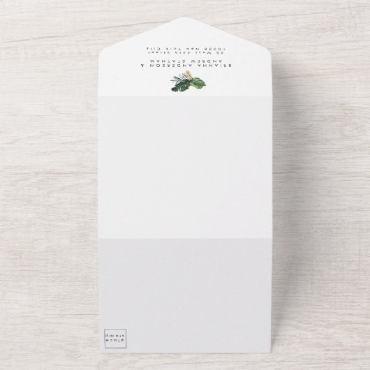 Elegante, groene palm, gouden (imitatie) rand all in one uitnodiging (Buitenkant)