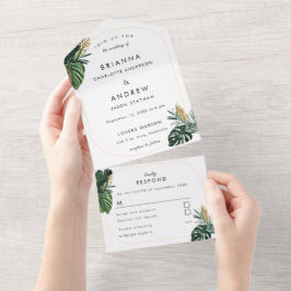 Elegante, groene palm, gouden (imitatie) rand all in one uitnodiging