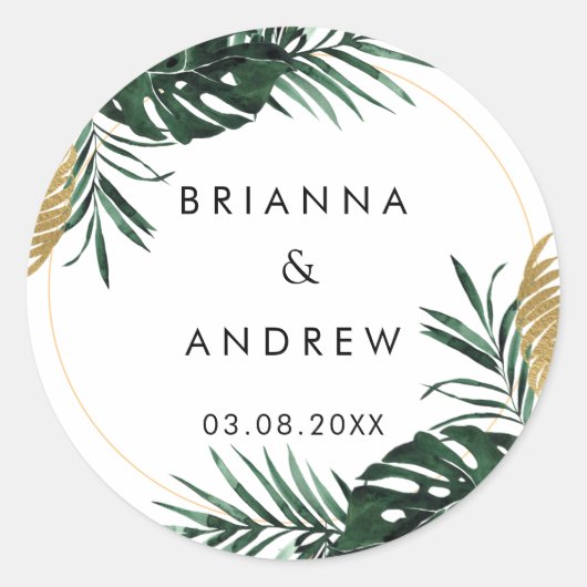 Elegante, groene palm, gouden (imitatie) rand ronde sticker (Voorkant)