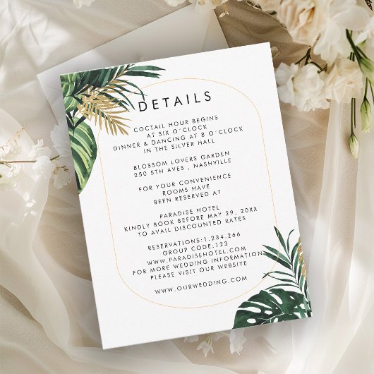 Elegante, groene palm, gouden (imitatie) rand RSVP kaartje