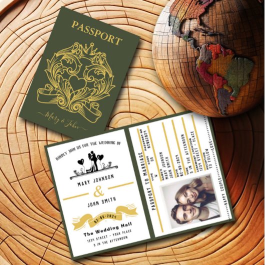 Elegante Groene Paspoortstijl Huwelijksuitnodiging