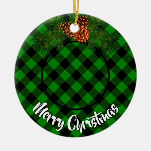 Elegante groene plaid pinecone foto sjabloon keramisch ornament (Voorkant)