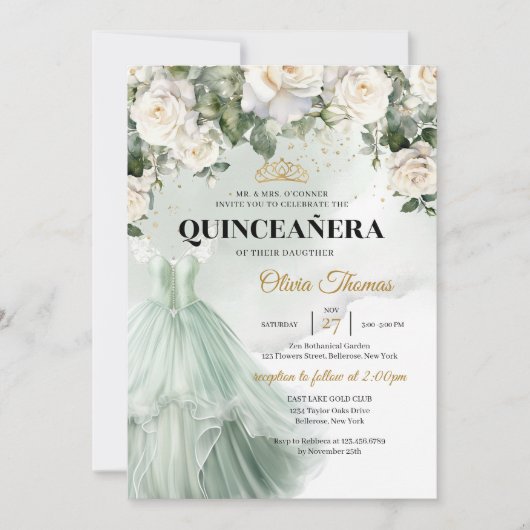 Elegante groene prinses jurk witte rozen groen kaart (Voorkant)