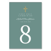 Elegante Groene Religieuze Kruisjongen Eerste Comm Kaart (Voorkant)