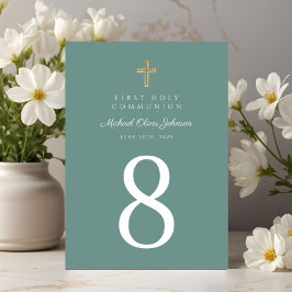 Elegante Groene Religieuze Kruisjongen Eerste Comm Kaart