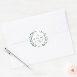 Elegante Groene Retouradres Rustieke Bruiloft Ronde Sticker