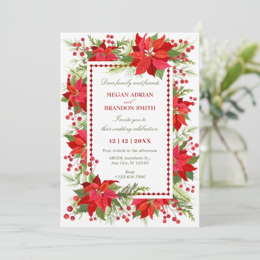 Elegante groene rode bessen bloemenkerst bruiloft kaart (Staand voorkant)