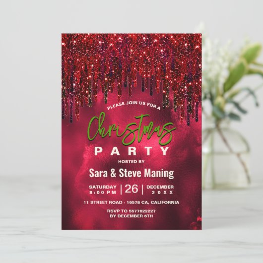 Elegante groene rode faux glitter druipt Kerstmis Kaart (Staand voorkant)