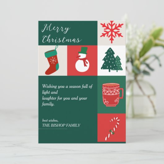 Elegante Groene & Rode Kerstmisillustratie Feestdagenkaart (Staand voorkant)