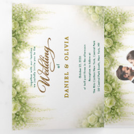 Elegante Groene Roos Botanische Gouden Overlay Fot Drieluik Uitnodiging