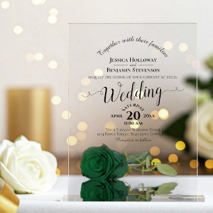 Elegante groene roos kalligrafie bruiloft acryl uitnodigingen