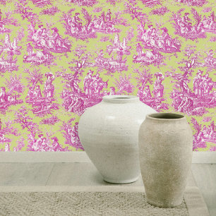 Elegante groene roze vintage Franse Toile de Jouy Behang