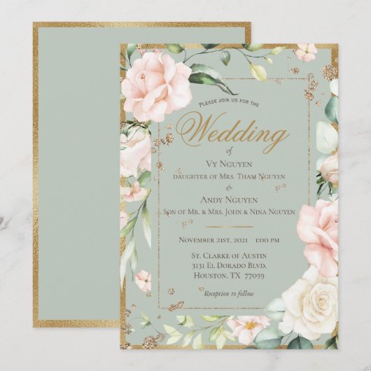 Elegante groene roze waterverf bloem bruiloft kaart (Voorkant / Achterkant)