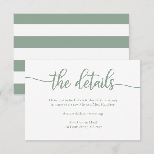 Elegante groene salie kalligrafie bruiloft details RSVP kaartje (Voorkant / Achterkant)