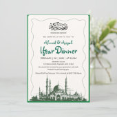 Elegante Groene Schets Moskee Iftar-diner Kaart (Staand voorkant)