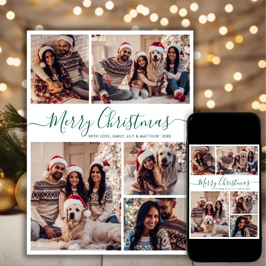 Elegante groene script 5 foto collage Kerstmis Feestdagenkaart