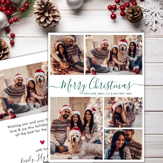 Elegante groene script 5 foto collage Kerstmis Feestdagenkaart