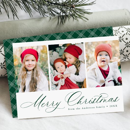 Elegante groene script Gelukkig Kerstmis 3 foto Feestdagenkaart