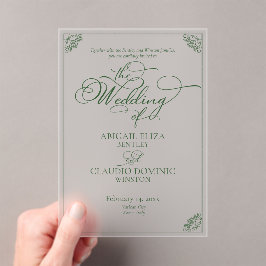 Elegante groene script & rand bestemmingshuwelijk acryl uitnodigingen