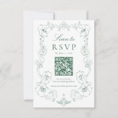 Elegante groene sierlijke bloem QR-code bruiloft RSVP Kaartje (Voorkant)