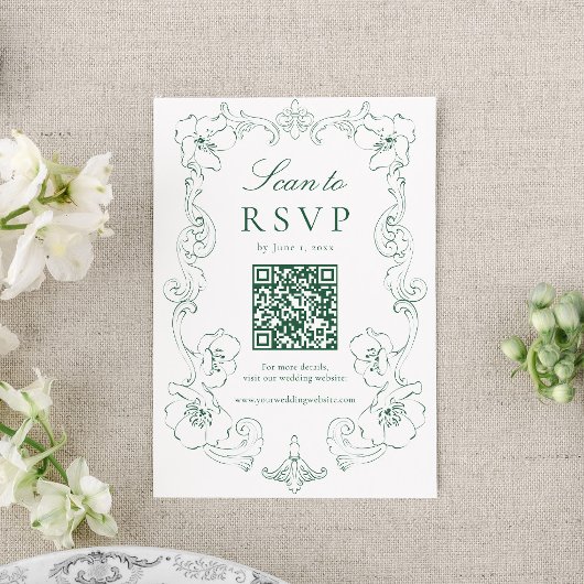 Elegante groene sierlijke bloem QR-code bruiloft RSVP Kaartje