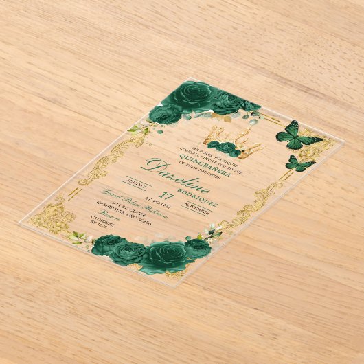 Elegante Groene Smaragd Kroon Quinceanera Acryl Uitnodigingen (Laagn)