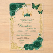 Elegante Groene Smaragd Kroon Quinceanera Acryl Uitnodigingen (Voorkant)