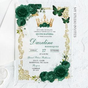 Elegante groene smaragdgroene kroon Quinceanera Acryl Uitnodigingen