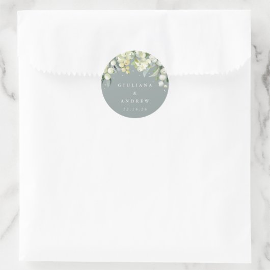Elegante groene sneeuwbes + eucalyptus bruiloft ronde sticker (Tas)