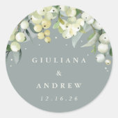 Elegante groene sneeuwbes + eucalyptus bruiloft ronde sticker (Voorkant)