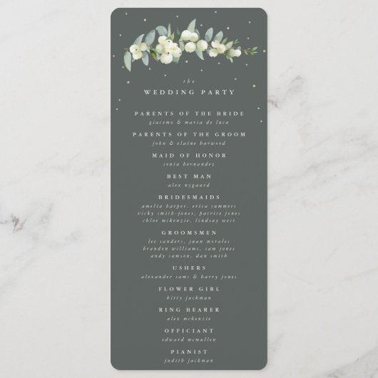 Elegante groene sneeuwbes + eucalyptus stengel bru programmakaart (Achterkant)