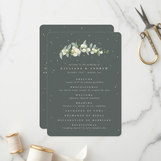 Elegante groene sneeuwbes + eucalyptus stengel bru programmakaart (Voorkant / Achterkant in situ)