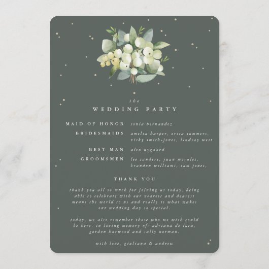 Elegante groene sneeuwbes + eucalyptus winter brui programmakaart (Achterkant)