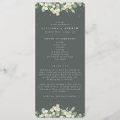 Elegante groene sneeuwbes + eucalyptus winter brui programmakaart (Voorkant)