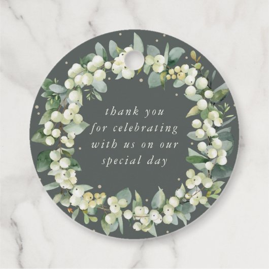 Elegante Groene Snowberry+Eucalyptus Krans Huwelij Bedankjes Labels (Achterkant)