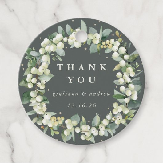 Elegante Groene Snowberry+Eucalyptus Krans Huwelij Bedankjes Labels (Voorkant)