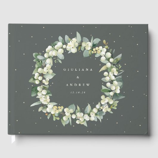 Elegante Groene Snowberry+Eucalyptus Krans Huwelij Gastenboek (Voorkant)