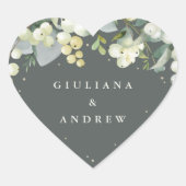 Elegante Groene Snowberry+Eucalyptus Krans Huwelij Hart Sticker (Voorkant)