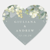 Elegante Groene Snowberry+Eucalyptus Krans Huwelij Hart Sticker (Voorkant)