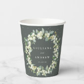 Elegante Groene Snowberry+Eucalyptus Krans Huwelij Papieren Bekers (Achterkant)