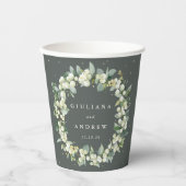 Elegante Groene Snowberry+Eucalyptus Krans Huwelij Papieren Bekers (Voorkant)