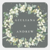 Elegante Groene Snowberry+Eucalyptus Krans Huwelij Vierkante Sticker (Voorkant)