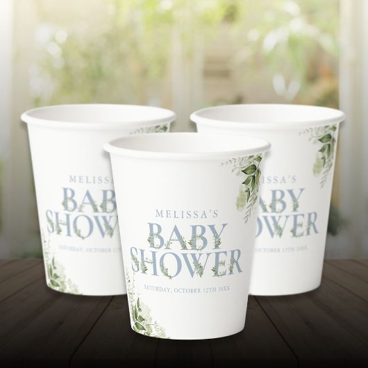 Elegante groene stoffige blauwe baby shower papieren bekers