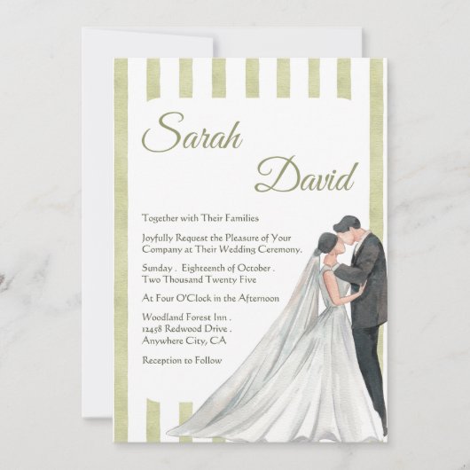 Elegante groene streep bruiloft uitnodigen met paa kaart (Voorkant)